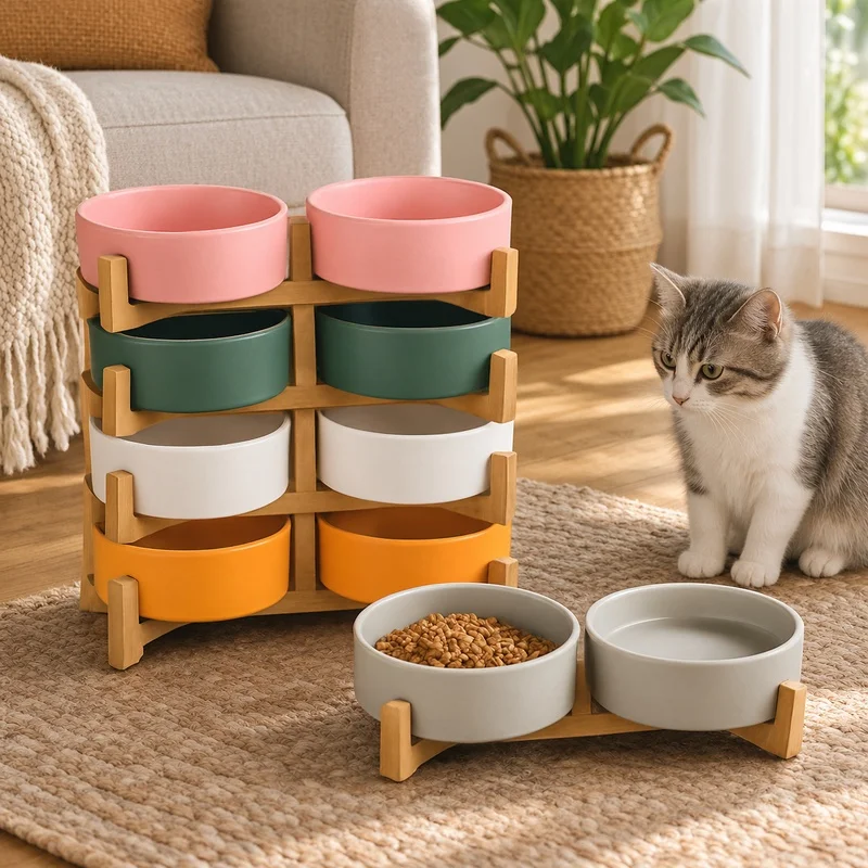 Ceramic Bowls Set for Pets with Wooden Holder - Anti-Spill Food and Water Dishes for Cats and Small Dogs