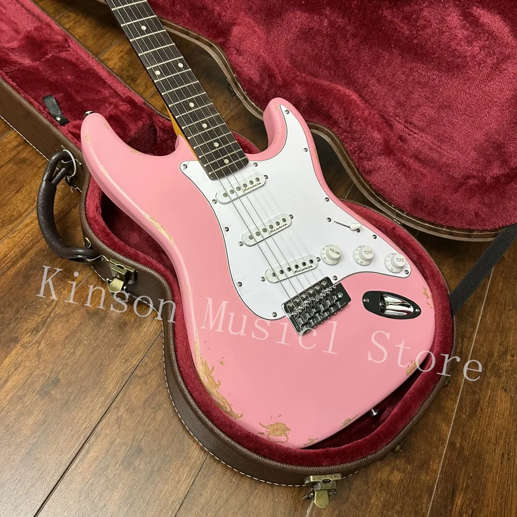 Relic Pink Color Electric guitar，Maple Neck，In Stock