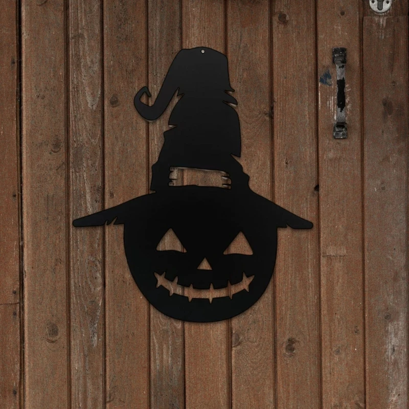 Elegant Metal Wall Hanging Sign Pumpkin with Witch Hat Pattern Wall Sculpture for Halloween Enthusiasts Hanging Plaques