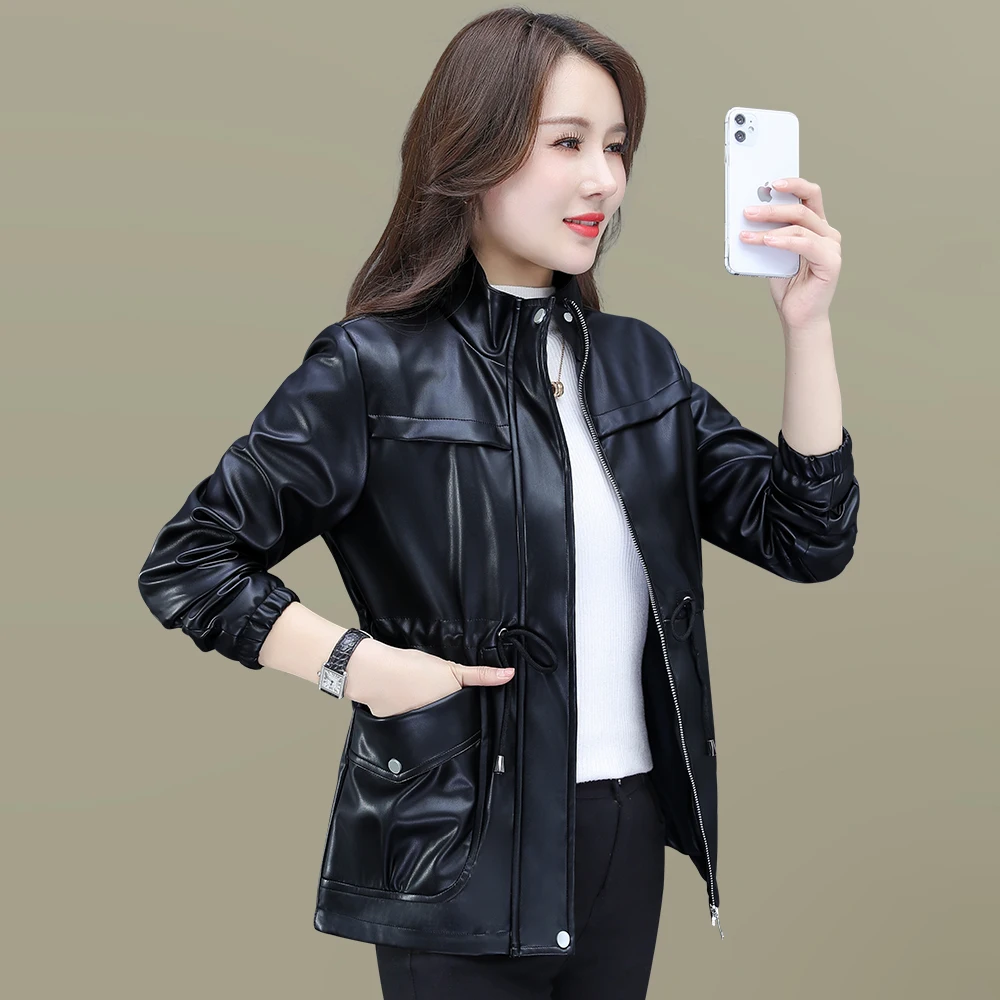 New Korean Fashion Trend Women\'S Leather Coat In Autumn And Winter Versatile Medium Length Waist Down Lapel Pu Top