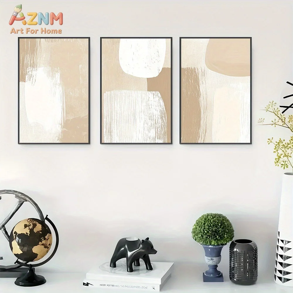 AZNM Neutral Beige Abstract Brush Stroke Canvas Wall Art, Modern Minimalist Geometric Block Print Poster, Unframed Single Piece