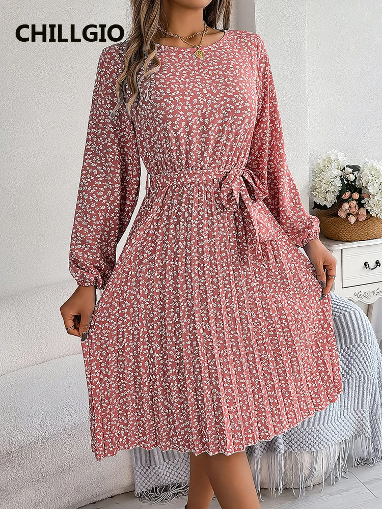 

CHILLGIO Vintage Luxury Women's Elegant Pleated Dress Bohemian Lace Up Long Sleeve Dresses Korean Beach Fashion Chiffon Dress
