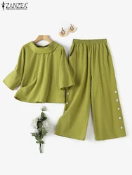 ZANZEA Women's Cotton Pant Sets Turn-Down Collar 3/4 Sleeve Top and Wide Leg Pant 2-Pieces Suits Loose Casual 2025 Spring Outfit