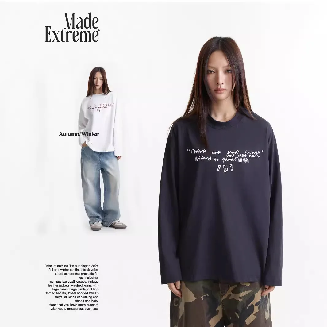 MADEEXTREME Pure Cotton Simple Round Neck Long-sleeved T-shirt Harajuku Oversized T Shirt