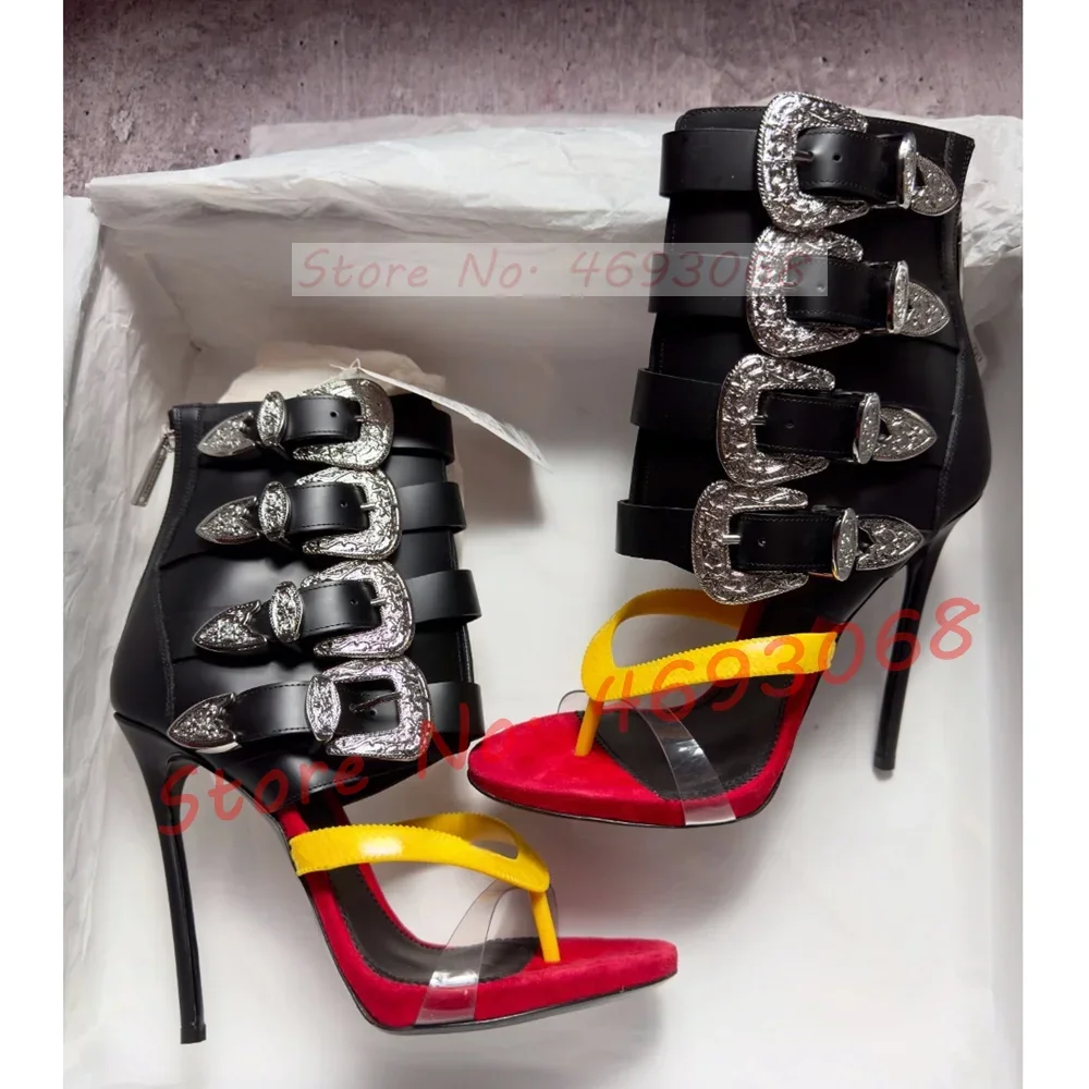 Multi Straps Silver Buckle Thong Sandals Female Ankle Wrap Romen High Heels Sandals Woman Party Sexy Hollow Out Party Shoes