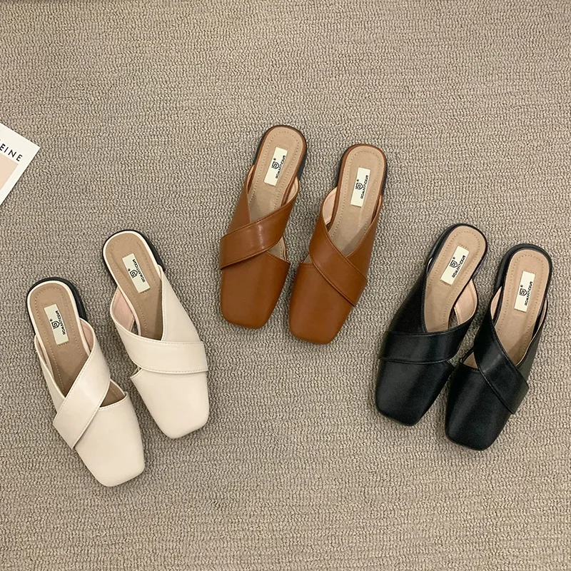 Cover Toe Shoes Mules For Women 2025 Female Slippers Square heel Med Slides Shallow Fashion New Block Luxury Fabric Rubber PU Ho