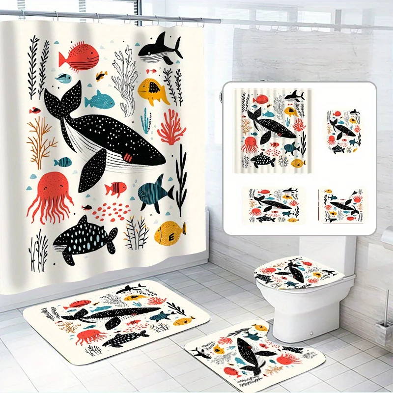 

4pcs, Cartoon Small Fish Shower Curtain Set, Various Small Fishes, with 12 Hooks, Polyester Fabric, with Bathroom Non-sli