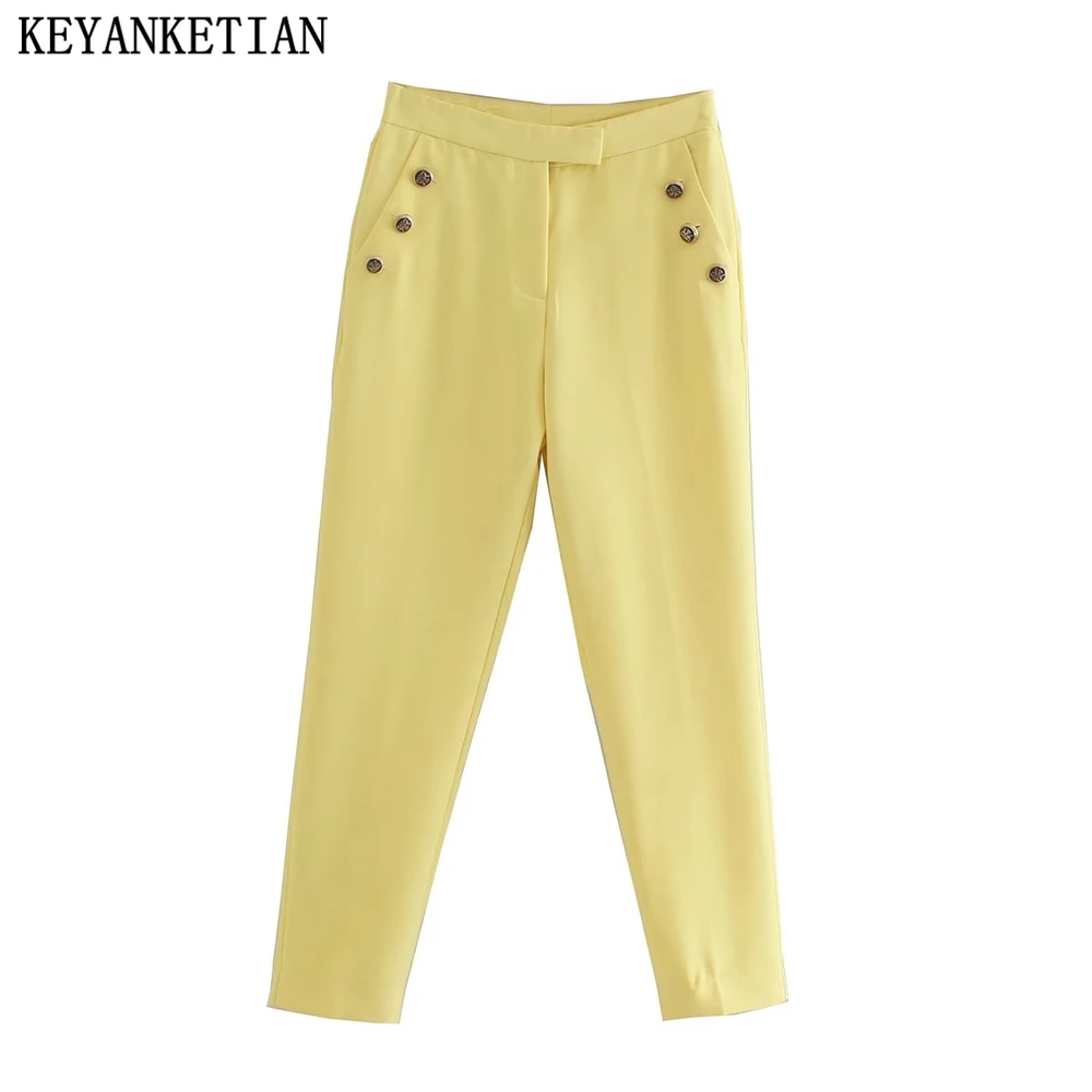 

KEYANKETIAN Women's Double Breasted High Waist Casual Pants Spring Autumn Commuter Yellow Zip Waist Cropped Pants