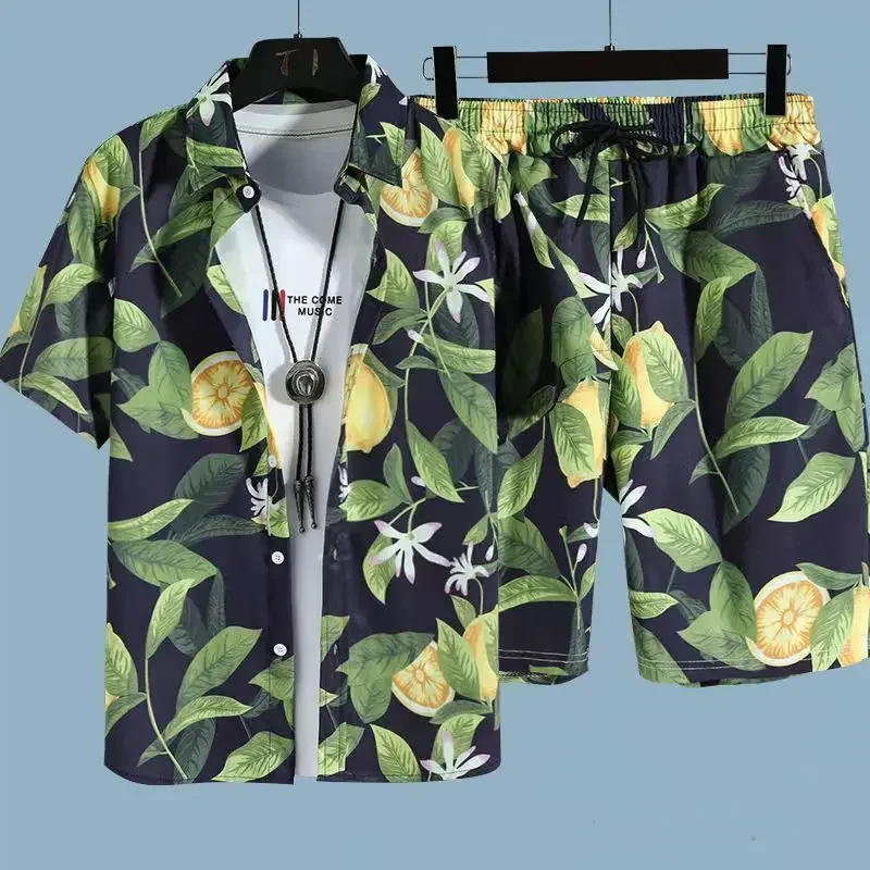 

Summer New Men's 2 Piece Beach Outfit Hawaiian Printed Shirt & Shorts Set Quick Dry Casual Vacation Suit