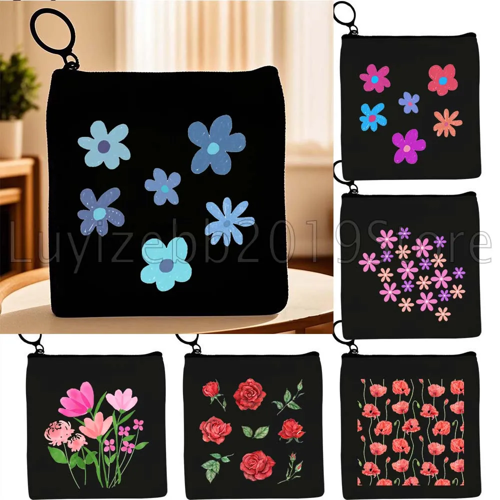 Leuke Daisy Pastels Multi Bloemen Poppy Bloemen Geschenken Canvas Portemonnee Kleine Vierkante Tas Sleutel Opslag Kaart Zakken Portemonnee Rits Zakje