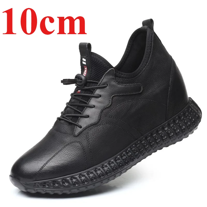 Height Increasing Shoes for Men's Genuine Leather Increased 8cm 10cm Invisible Elevator Shoes Black Comfortable Casual Sneakers