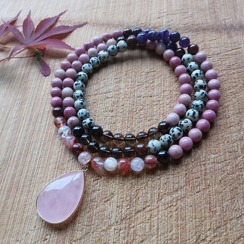 Colar de miçangas, mala, colar de meditação, 108 contas mala, joias de cura, presente exclusivo de yoga mala, jardineiro, rodonita,