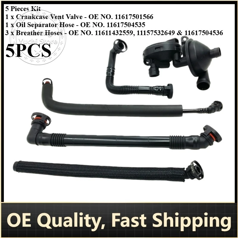 

P/N: 11617501566, 11617504535, 11611432559 - PCV Crankcase Ventilation Valve and Vent Hose Kit for BMW E46, Z4, X3, 3 325i, 330