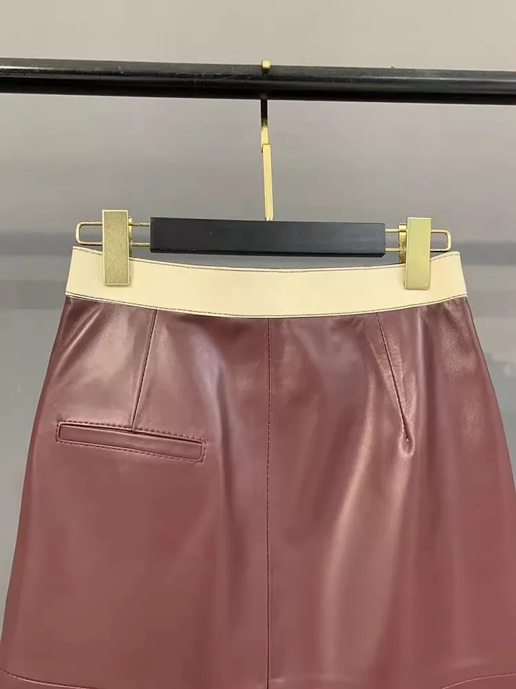 Jupe de bureau élégante pour femmes, couleurs fendues dans le dos, panneaux dans le dos, jupe de travail fendue, ligne A, en peau de mouton, en cuir véritable, nouvelle collection automne