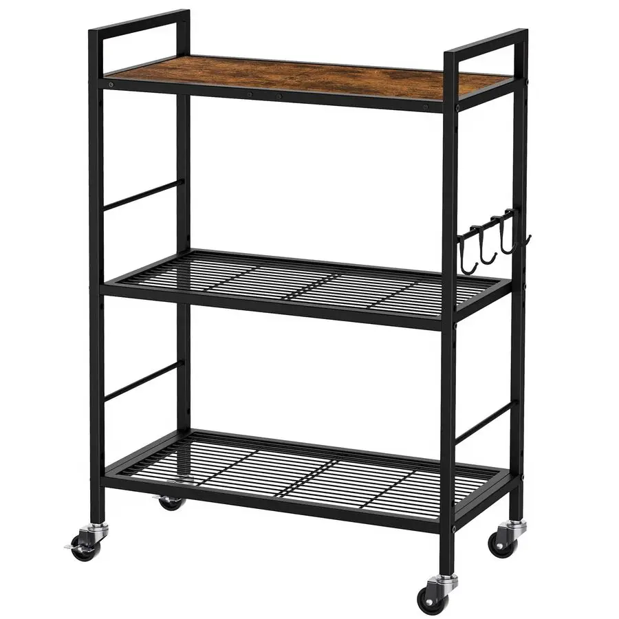 

Metal Storage Rack with Industrial Wheels,Mesh Shelving Unit with Wooden Table top,Adjustable Shelf,23.6Inch Width,for Kitchen,L