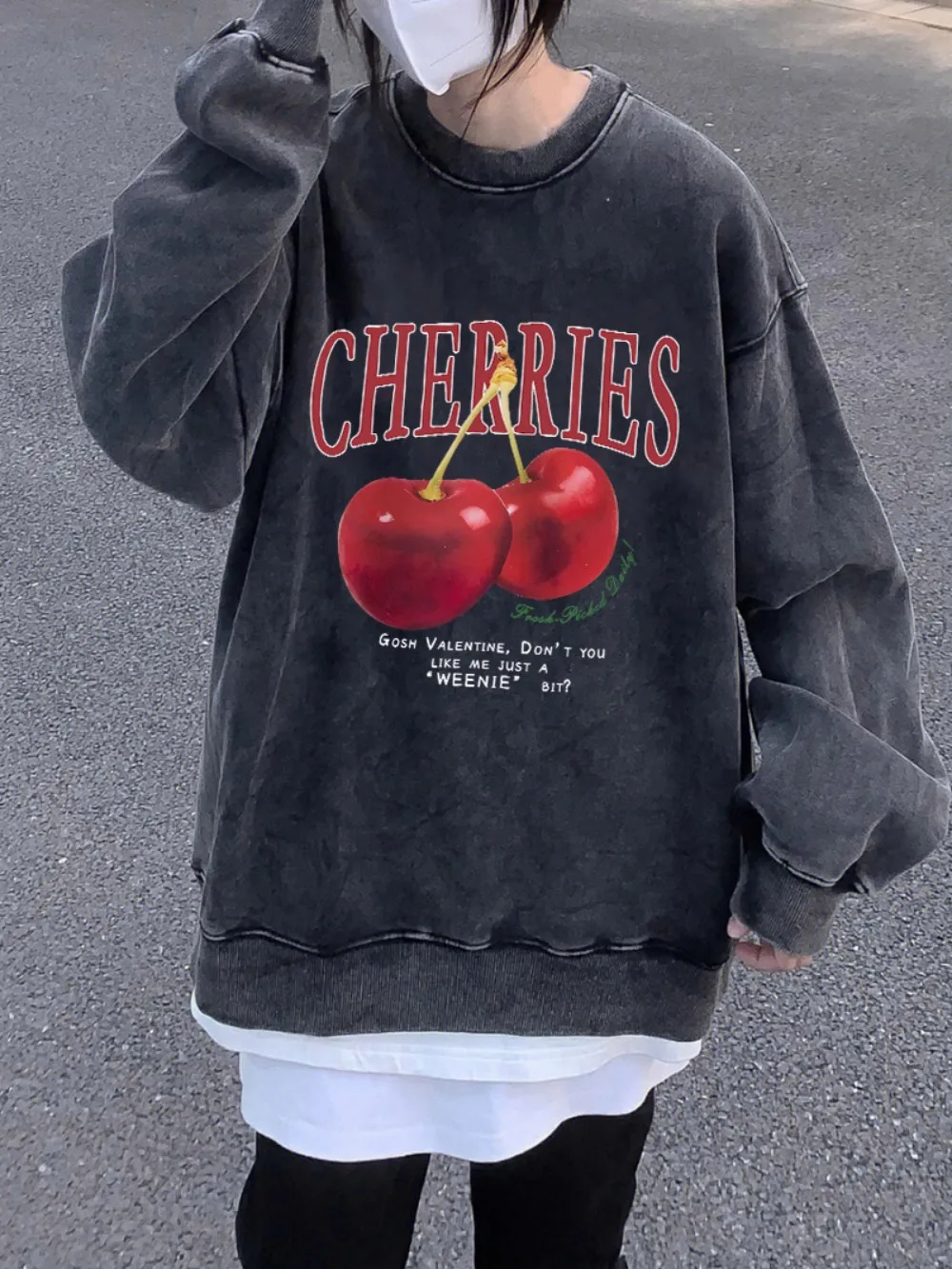 Oversized Women Washed Sweatshirt Fresh Red Cherries Prints Hoodie Autumn Crewneck Cotton Pullover Female Acid Wash Streetwear