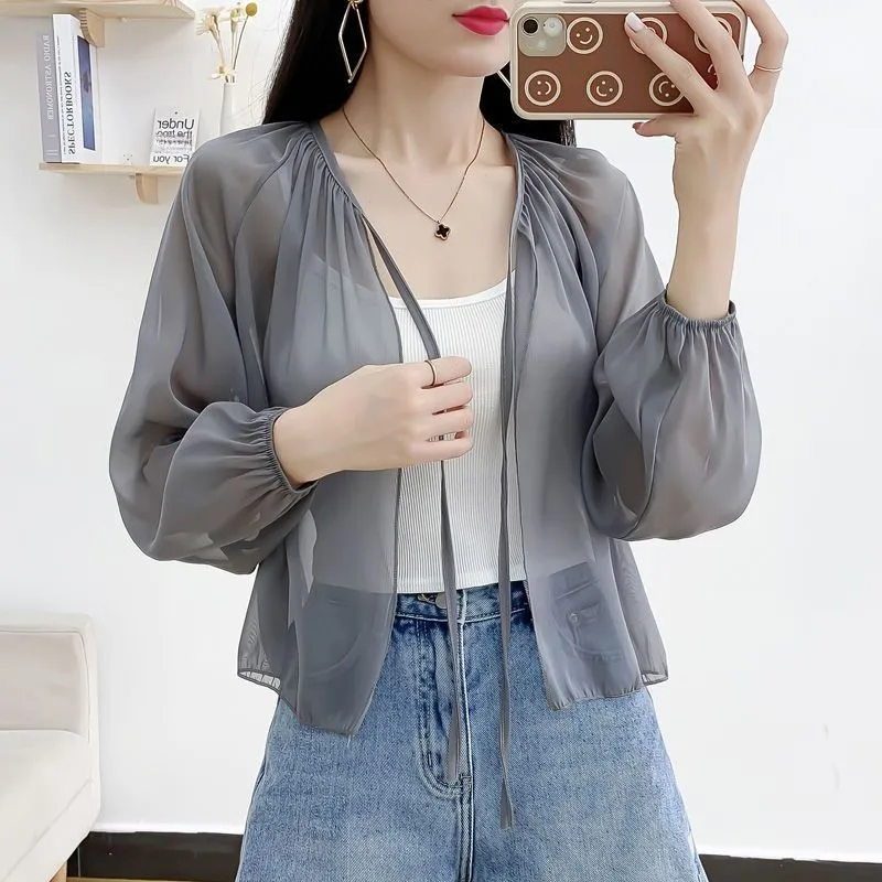 

Ультра-легкий женский кардиган с защитой от солнца, тонкий, весенне-летний, новый, с поясом, длинными рукавами, универсальный, открытый, верхняя одежда