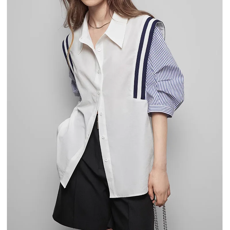 French Contrast Color Striped Shirt Female 2024 Summer Jorean Chic New Fashion Loose Tee Short-sleeved Slim Temperament Tops