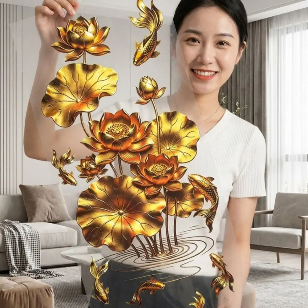 Anti-static Flower Koi Sticker 3D Effect Plastic Golden Lotus Wall Sticker Chinese Style Decorative Sticker