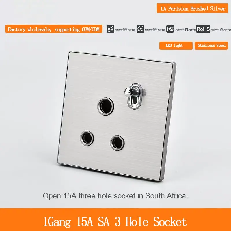 Large South African Three-Hole Socket Toggle Lever1 Gang Switch 15A Stainless Steel Silver LED Light with 3 round Plugs