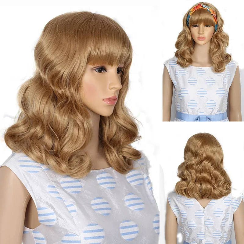 Synthetic Bob Wig With Bangs Brown Blonde Short Wig Natural wavy Hair Party Wigs for Women For African American Heat Resistant