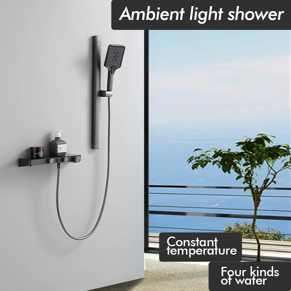 White Shower Faucet lift Rod Square Shelf 2 Function Spout& Handheld Shower Hot And Cold Shower SystemTap 3 Knob Bathroom Tap