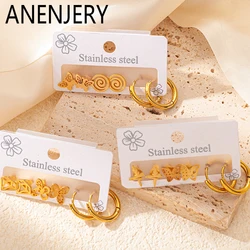 ANENJERY 316L Stainless Steel 6 Pieces Circle Star Animals Earrings For Women French Simple Jewelry Gifts Wholesale