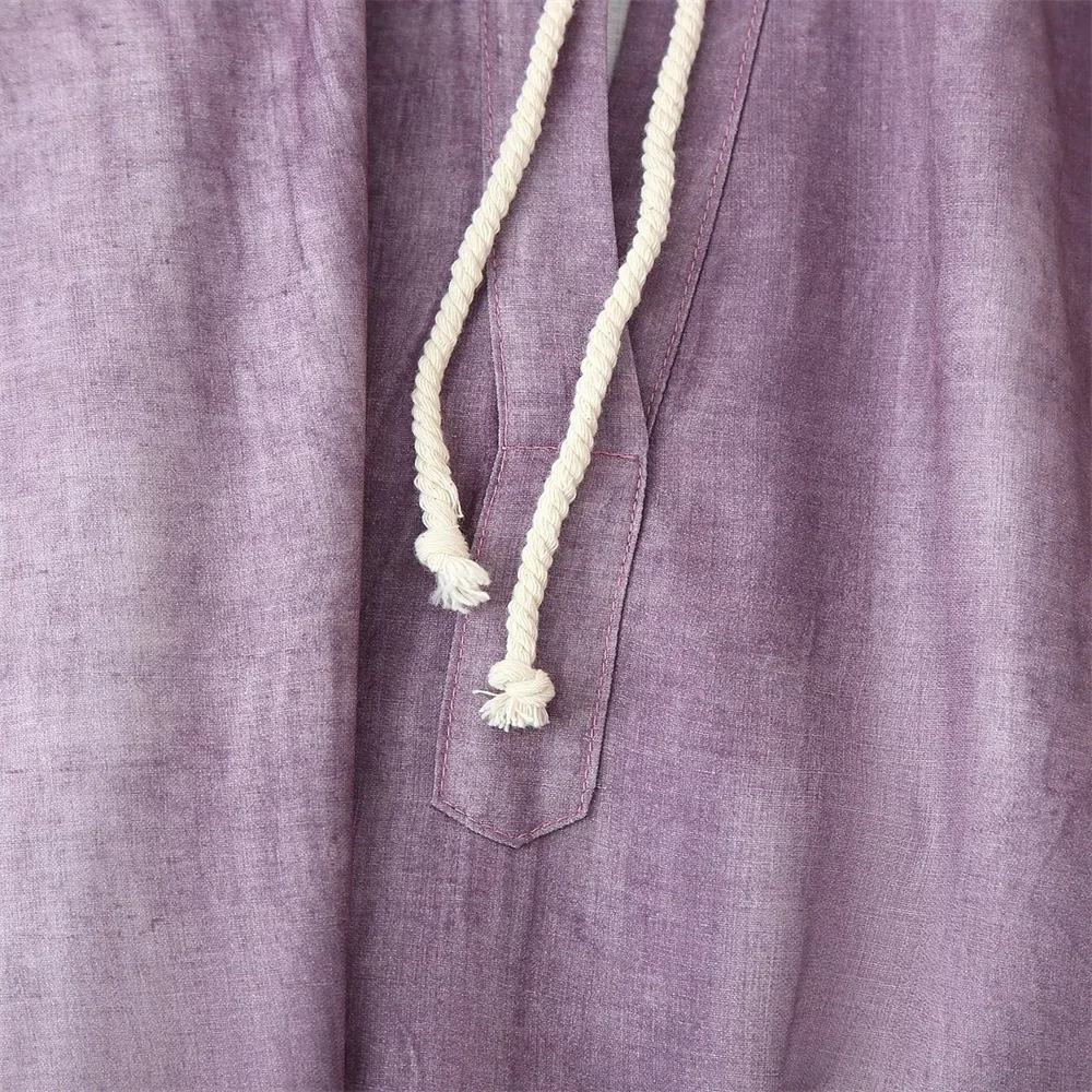 유럽과 미국 스타일의 여성 의류 새로운 패션 리넨 타이 염색 긴팔 루즈 드레스