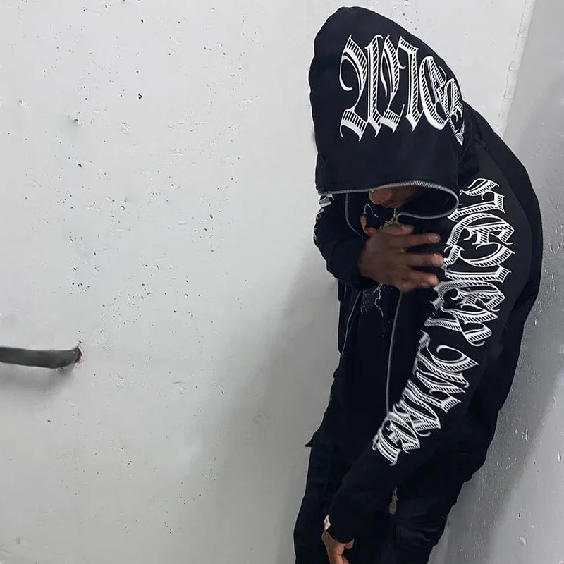 Sweat à Capuche Punk Gothique avec Lettres Imprimées pour Homme et Femme, Veste Unisexe, Fermeture Éclair, Harajuku, Y2k