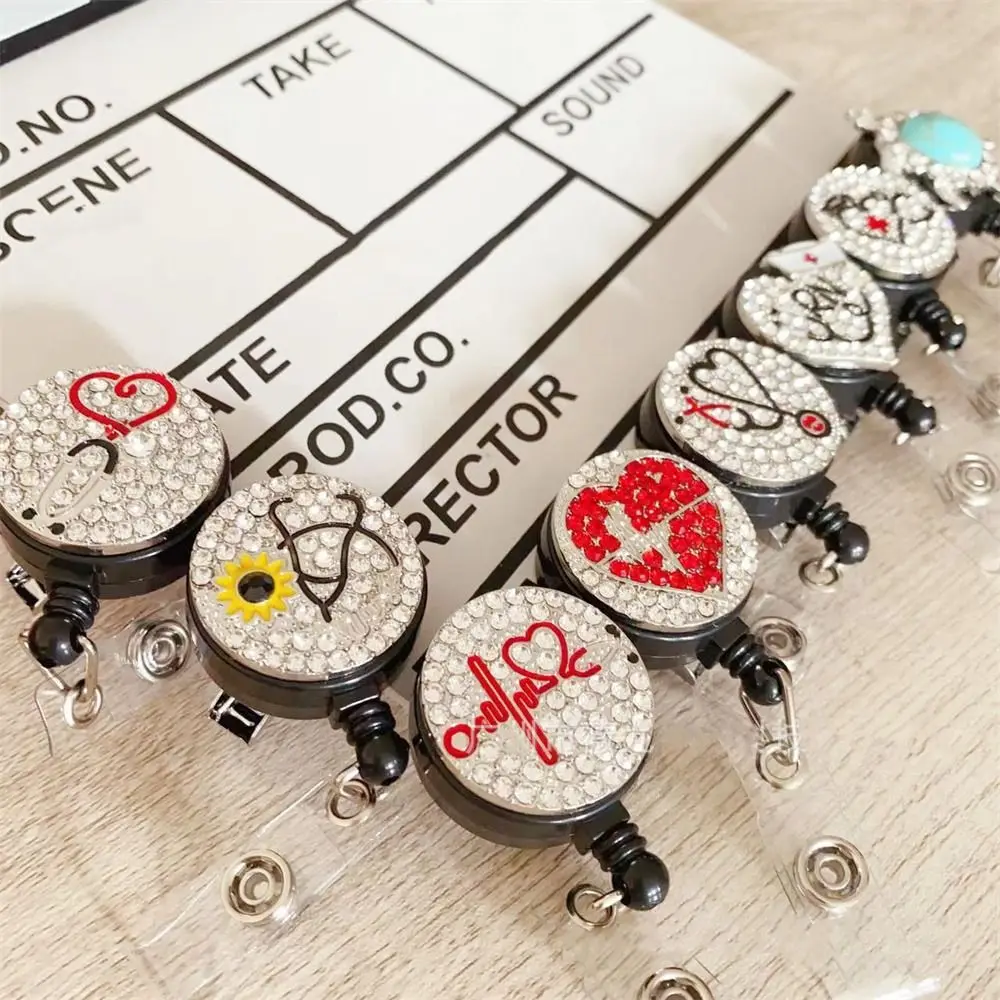 

Rhinestones Retractable Badge Reel Alligator Clip Diamond ID Badge Holder 360 Rotating Shinny Easy Pull Buckle Nurse Doctor