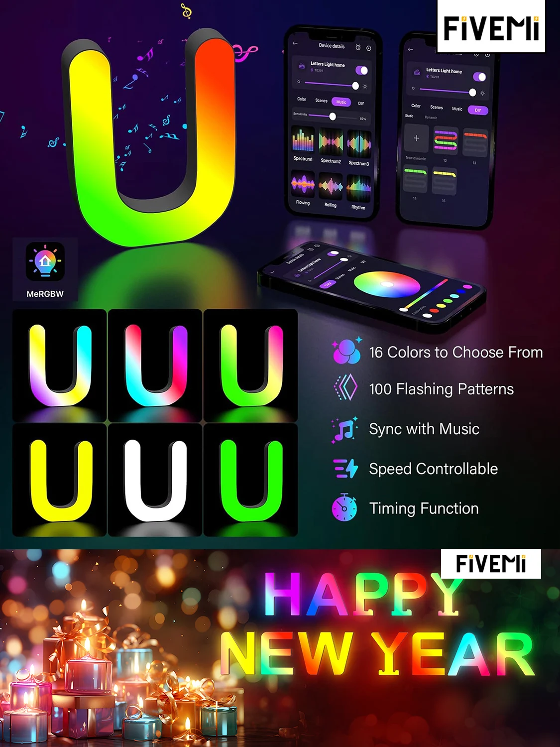 Decorative Letters Light Smart APP with 128+ Scenes DIY Music Sync Night Light Wedding Birthday Party Christmas Lights Letter U