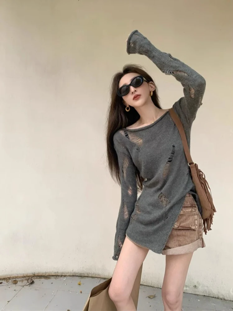 

ay Вязаный топ с вырезом для женщин, ранняя осень, одежда небольшого размера, тонкий солнечный дизайн, с разрезом, верхняя часть тела, корейский Sle S...