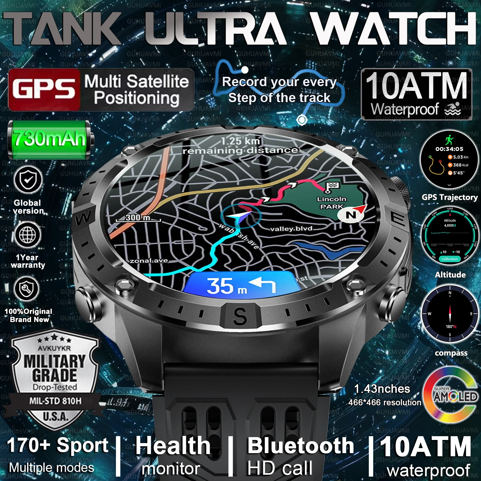 

Новые смарт-часы 2026 года армейского класса с GPS, офлайн-картами, водонепроницаемостью 10ATM, спортивным компасом, измерением пульса, HD-экраном и Bluetooth-звонками