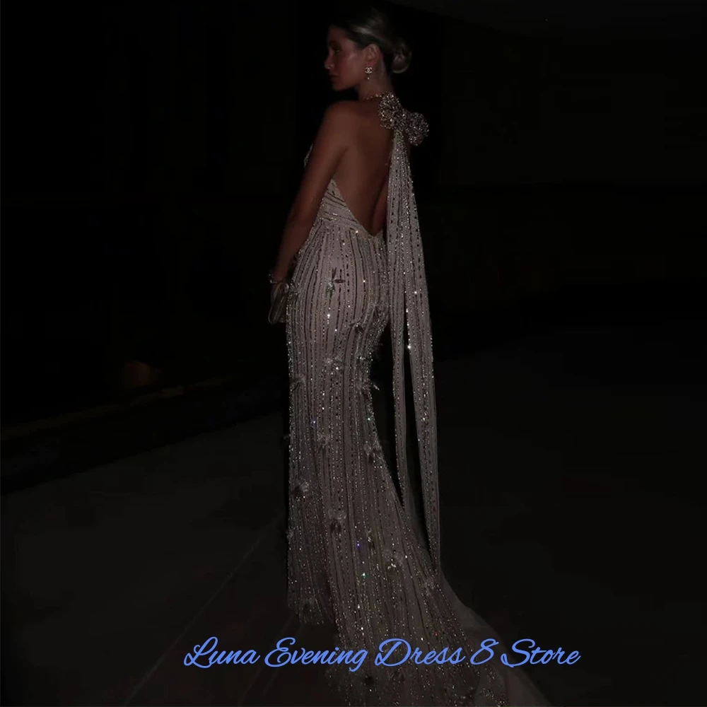 Luxury Halter Tulle Evening Dress Exquisite Watteau Train Customized Party Dresses Delicate Bow Sequined Beading Cocktail Dress image 3