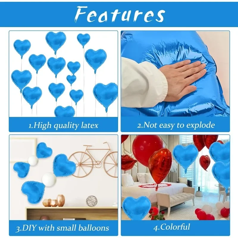 10Pcs Royal Blue Foil Heart Balloons Decor 18inch Foil Heart Shape Balloons with Ribbon for Birthday Anniversary Decorations