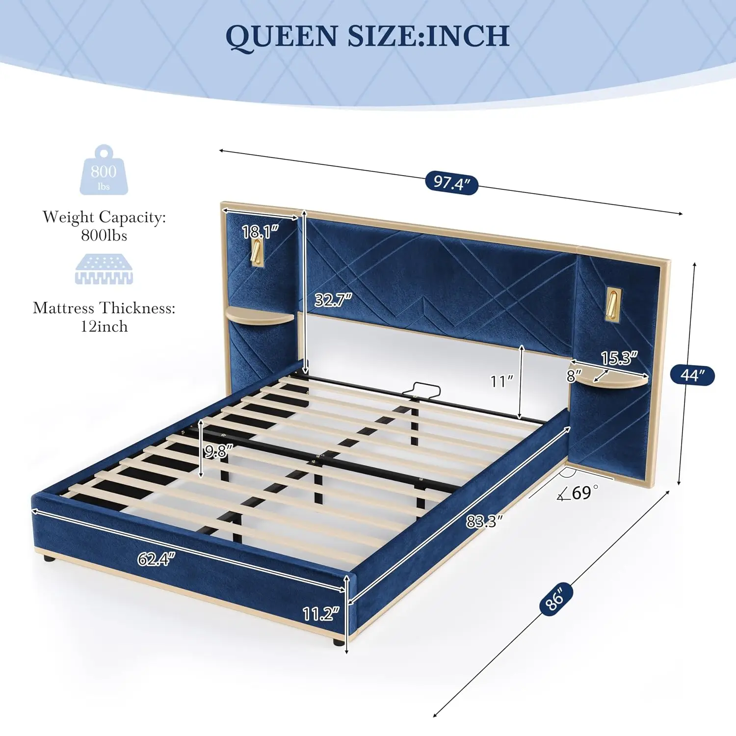 Velvet Platform Bed Wingback Headboard LED Light Storage Panel Gold Trim Solid Structure No Box Spring Queen Blue, Customized