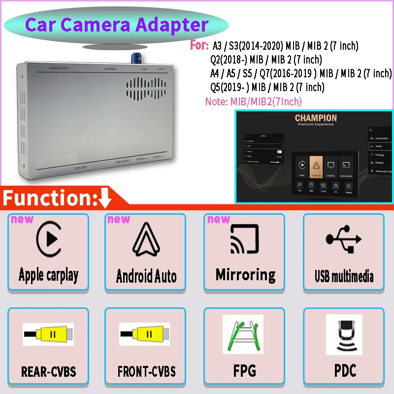 

Compatible with 14-20 A3 S3 Q2 16-19 A4 A5 S5 Q7 19- Q5 MIB / MIB 2 (7 Inch) Wireless CarPlay 2023 Android Auto Rear View Upgrad