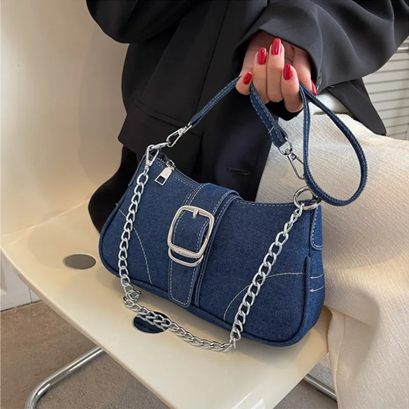 2023 New Denim Bag Women Luxury Brand Designer Handbags And Chains High Quality Fashion Shoulder Bag Lady CrossBody Bags Blue