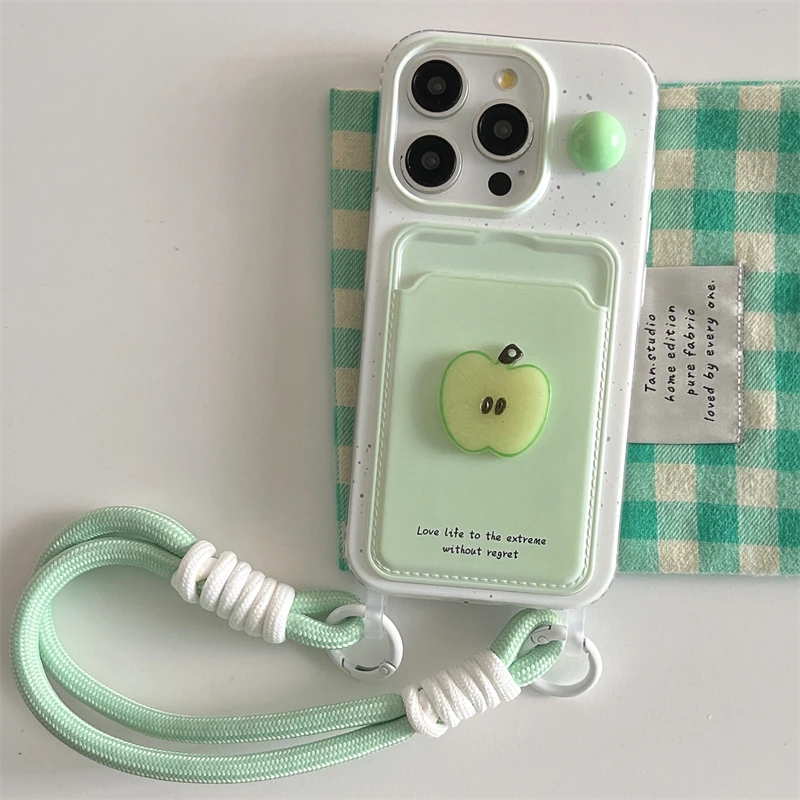 INS Cute 3D Apple Polka Dot Card Holder Case For iPhone 15 14 13 12 Pro Max Korea Girl Bracelet Soft Cover Summer Fruit Shell