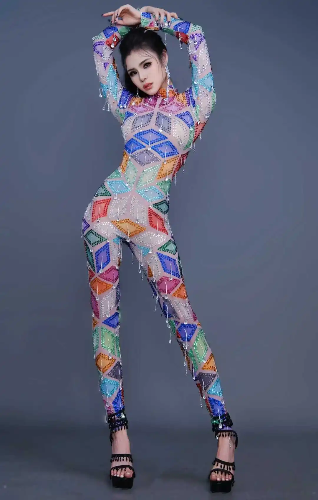 Women Eye-catching Sparkle Elegance Glitter Bodysuits Homecoming Celebrate Las Vegas Show Drag Queen Dress