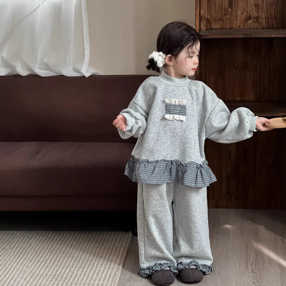 Set per bambini autunno/inverno 2025 Set di pantaloni sportivi con cappuccio in pile per nuove ragazze Addensare set per bambini caldi