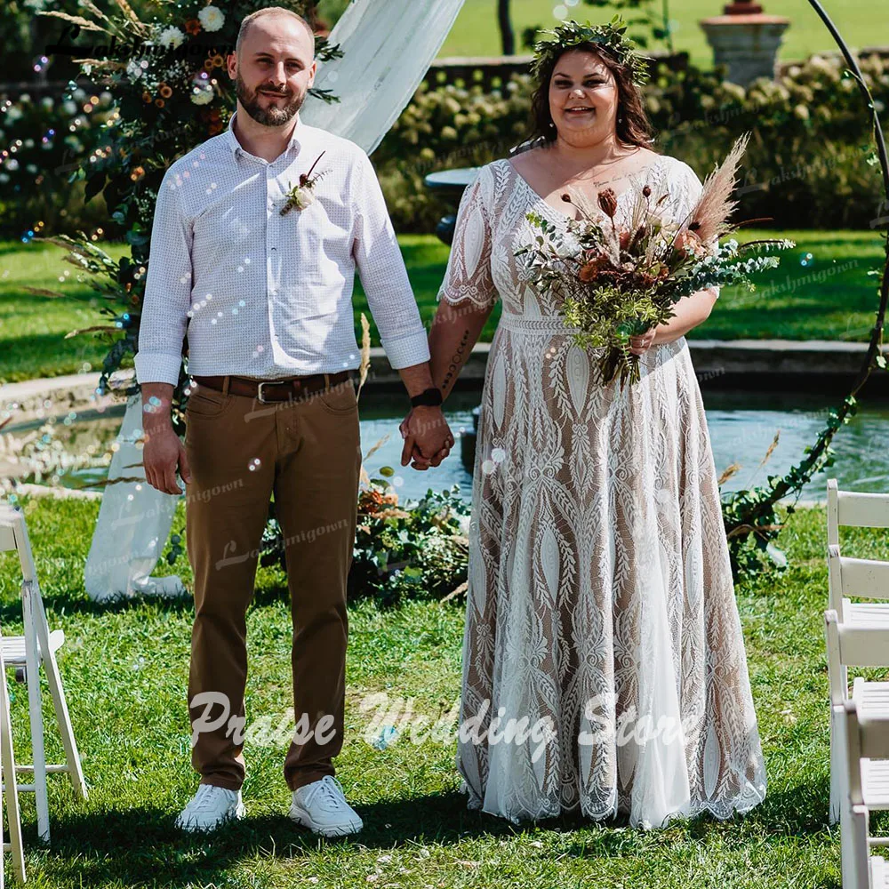 Lakshmigown półrękaw koronkowa Plus Size artystyczna Boho weselny sukienka z dekoltem w szpic 2024 suknia ślubna na zamówienie szlafrok de mariée bohêm