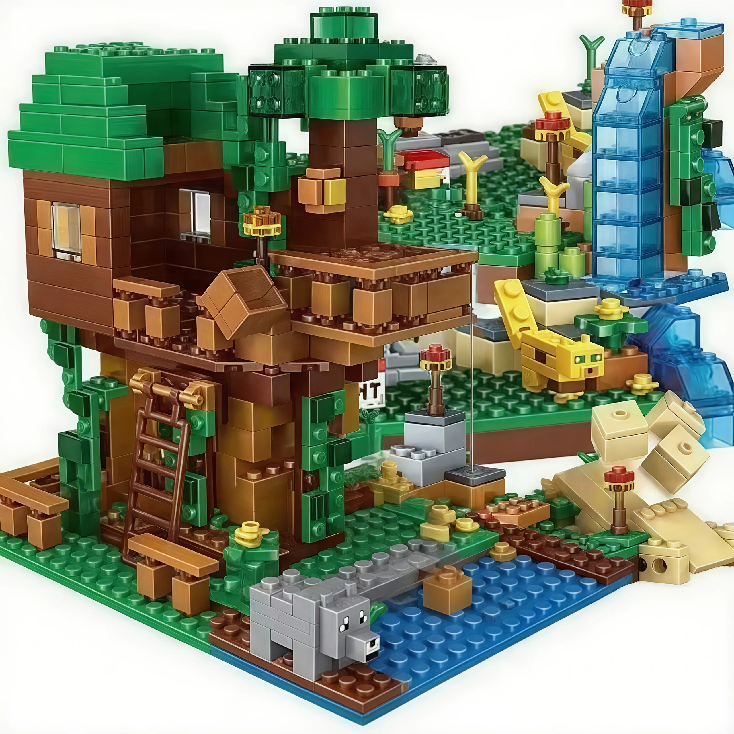 Juego de bloques de construcción MOC Tree House, escena de pueblo con cascada en la jungla, modelo de ladrillos, juguete educativo de construcción para niños, regalo de cumpleaños