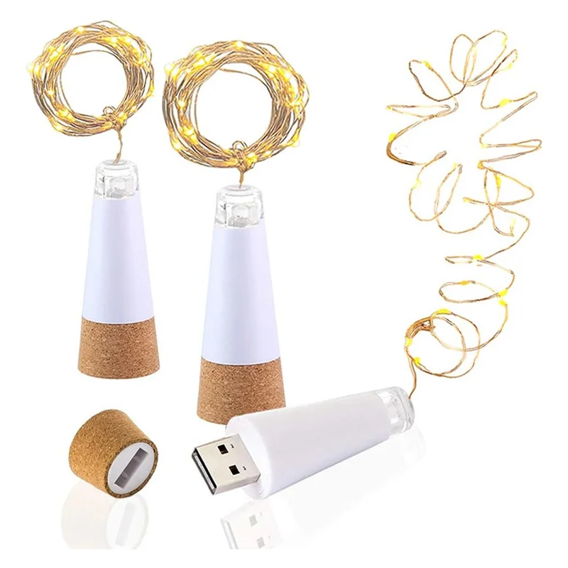 BMBY-2PCS USB Powered LED Cork Bottle Fairy Lights 2M 20 Leds Battery For Home Kitchen Party Decor