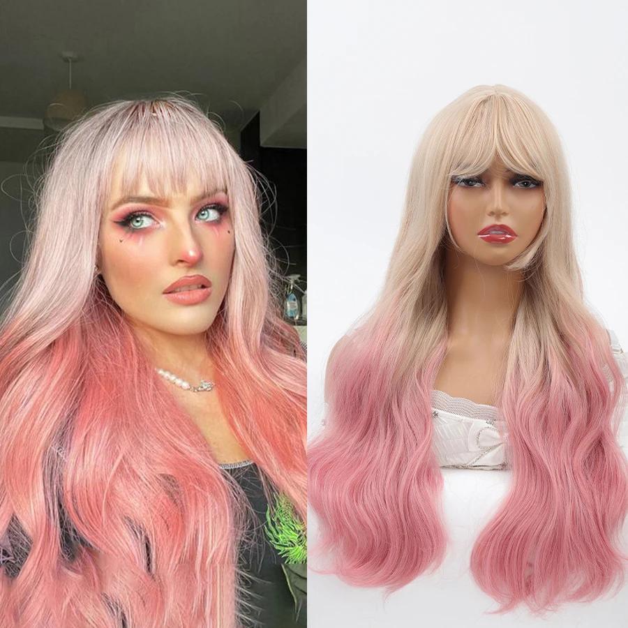 

Beige and Pink dual Color NAMM Long Wavy Curly Wigs Synthetic Sakura Pink Wig With Bangs Cosplay Daily Party Wig for Women Heat