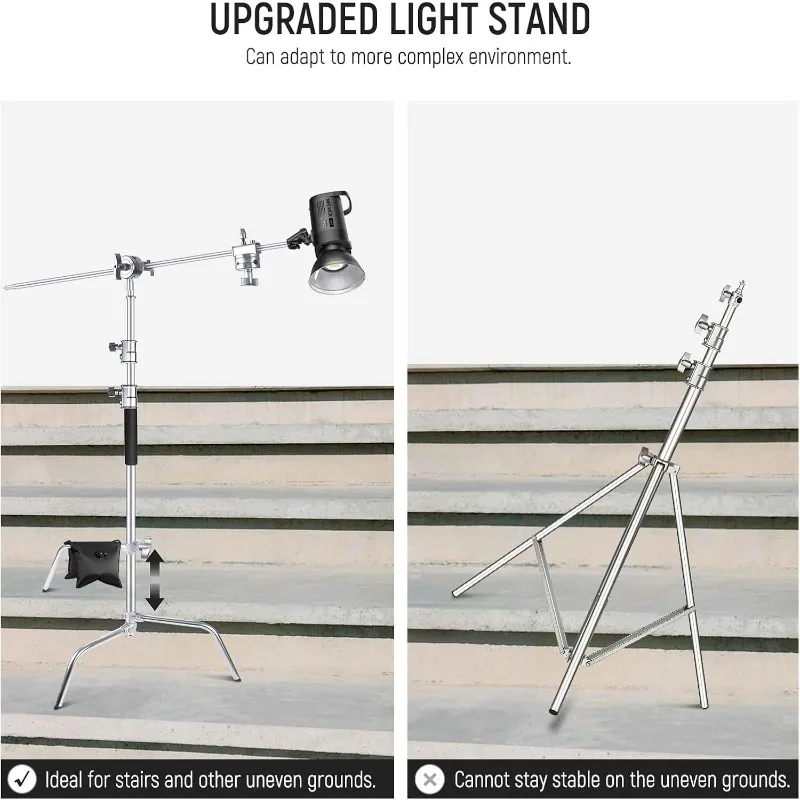 Stand with Boom Arm & Sliding Legs, Pro 100% Stainless Steel Stand Max Height 10.13ft/309cm with 3.9ft/120cm Arm & 2 Grip