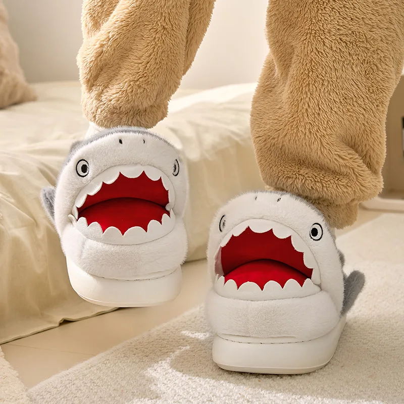 Kawaii Shark Cat Anime Cartoon Winter Plush Cotton Slippers Girl Thick-Soled Half-Slip Home Shoes Give Gifts To Girlfriend