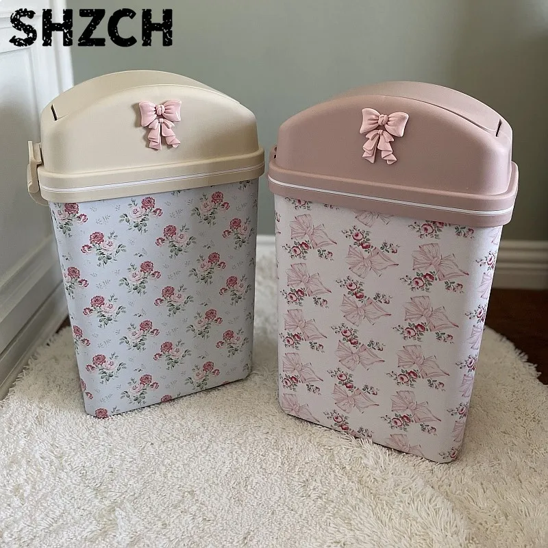 French Girly Floral Narrow Trash Can Swing Lid Waste Bin for Tight Spaces Large Capacity Home Decor