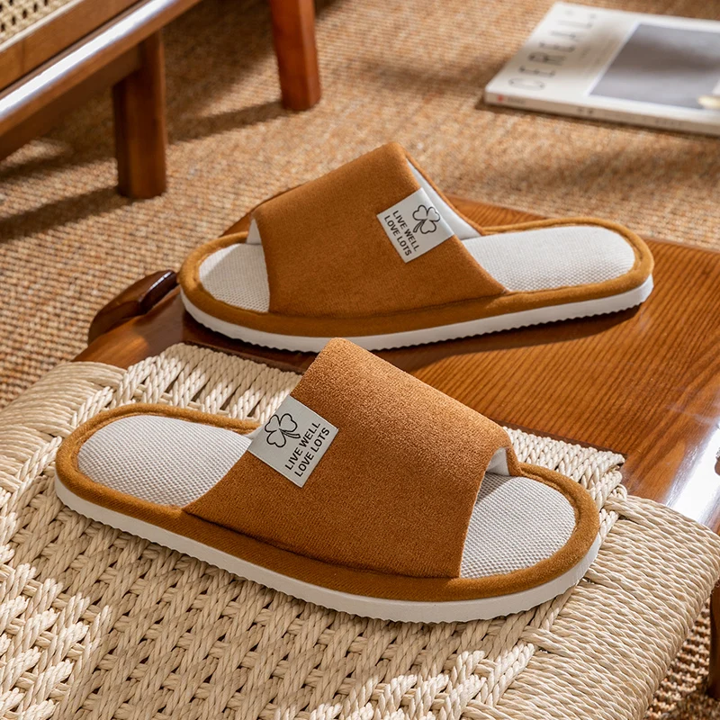 شباشب كتان للسيدات مفتوحة من الأمام قابلة للتنفس وغير نتن أقدام منزلية أرضية خشبية غير قابلة للانزلاق مريحة وناعمة من الأسفل في الداخل