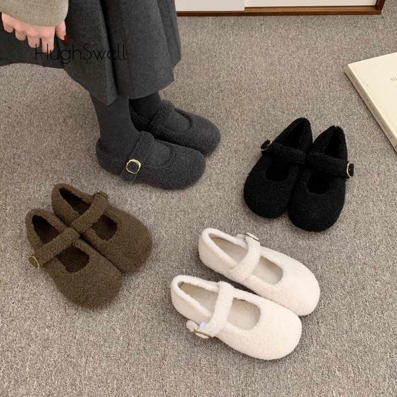 

Elegant Round Toe Lambswool Ballet Flats Woman Winter Warm Plush Loafers Ladies Brand Design Teddy Fur Mary Jane Shoes In Grey